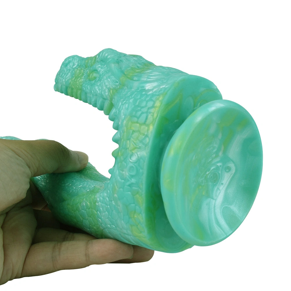 Dragon Dildo FANGVEX Bifid Tongue Jade Glow – size scale reference