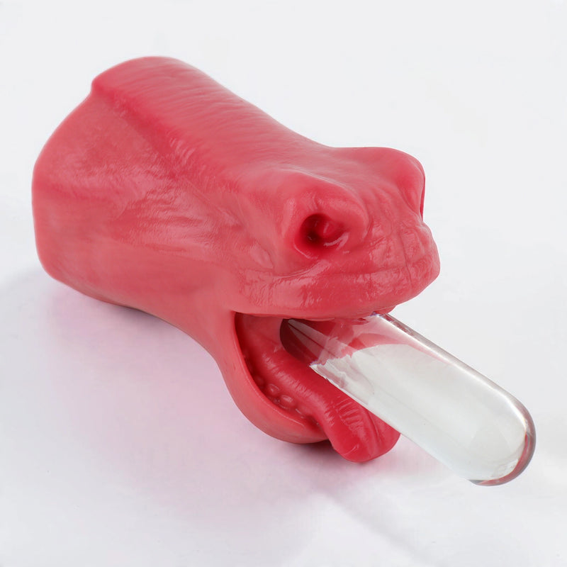 Scarla horse head masturbator, open mouth with a glass rod inside